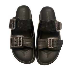 NWOT Cristina Francini Sandals Black Crocodile Embossed Silver Buckles WM SZ 9